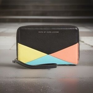 Marc Jacobs Sophisticato Wingman Colorblock Black Teal Coral Yellow Wristlet